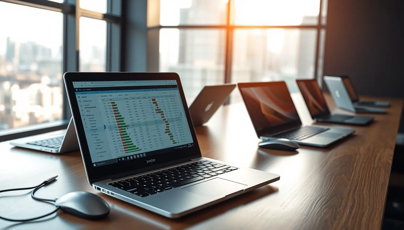 A selection of slim business laptops on a desk