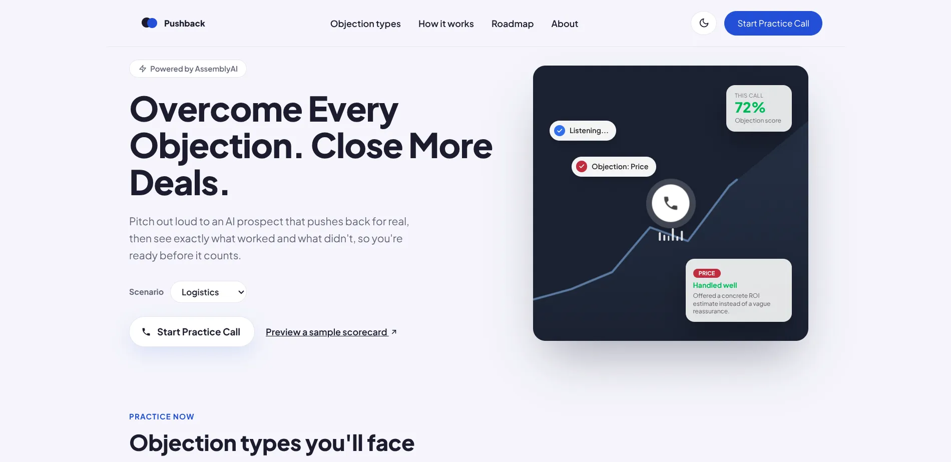 Landing page and voice call interface for the Pushback sales practice app