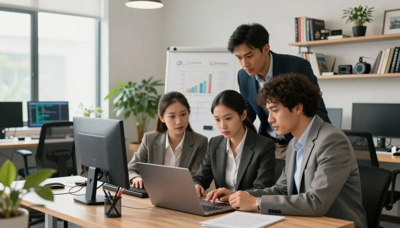 An IT professional supporting a small business team at their workstations